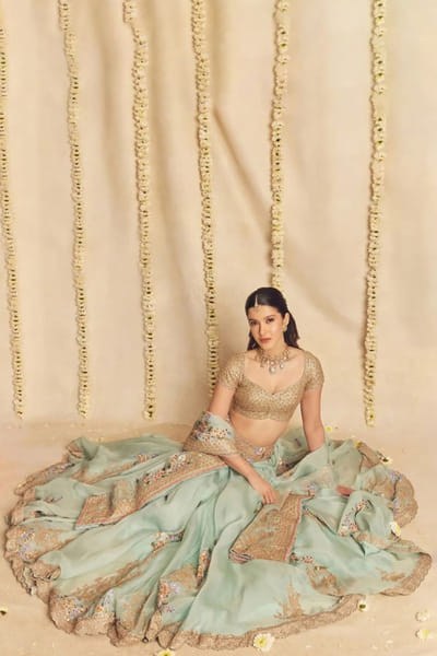 Anamika Khanna Blue and gold floral embroidered lehenga set ANAMJUL26D148826