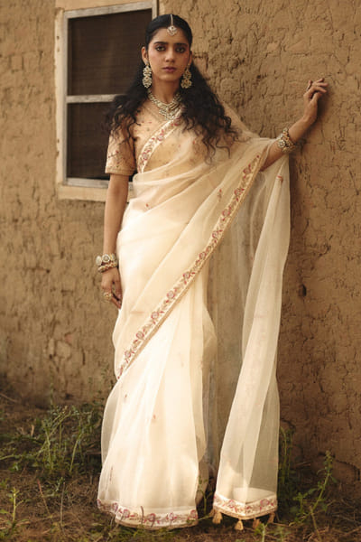 Rashika Mittal Ivory floral embroidered sari RASHJUN26D146597