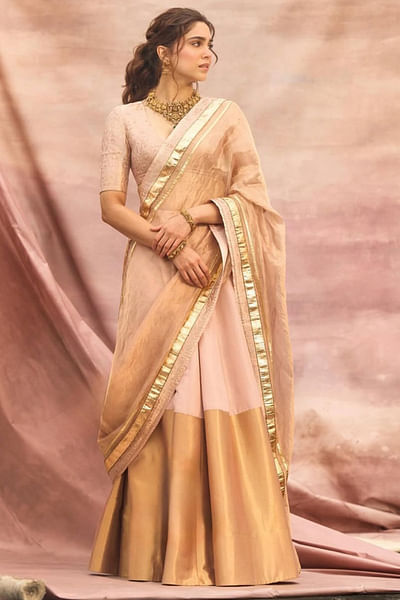 Light pink and gold colour blocked lehenga set