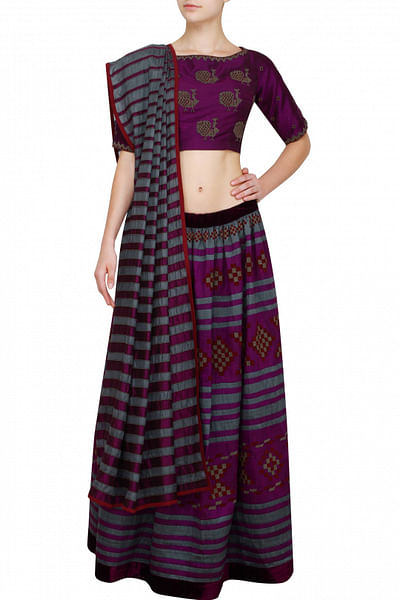 Striped lehenga with boat neck blouse and dupatta