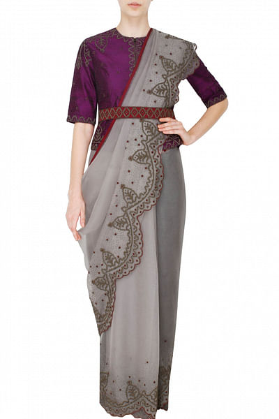 Beadwork grey belted sari and purple blouse