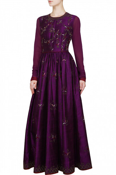 Purple anarkali-style dress with bead work