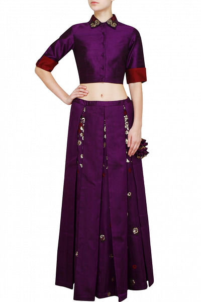 Pleated purple skirt with collared blouse