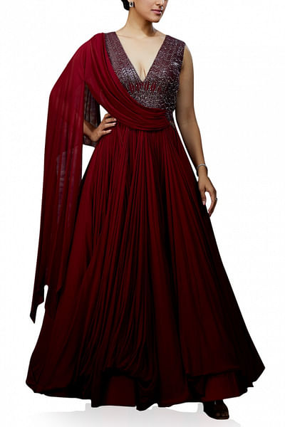 Red draped georgette gown