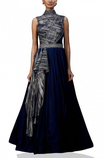 Navy metallic jersey gown