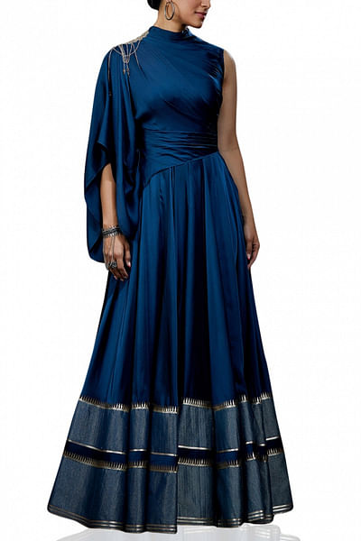 Teal blue draped anarkali