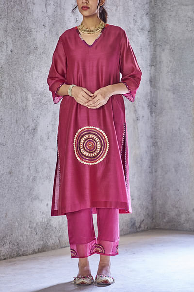 Wine embroidered kurta set