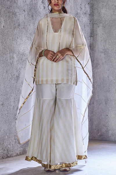 Ivory striped kurta and gharara set