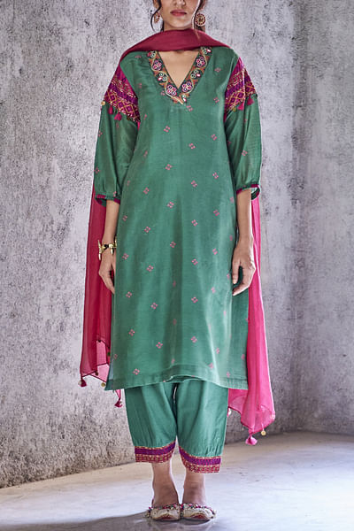 Green embroidered kurta salwar set