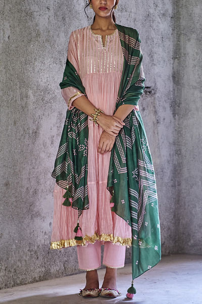 Pastel pink embellished anarkali set