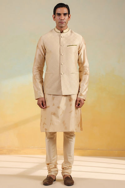 Beige and brown shibori dyed kurta bandi set