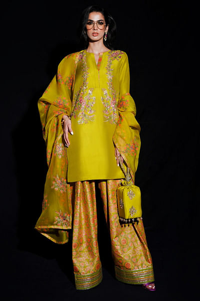 Lime yellow floral print embellished kurta set