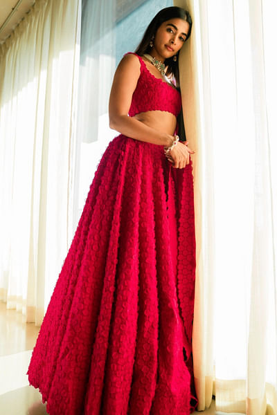 Pink 3D floral embellished lehenga set