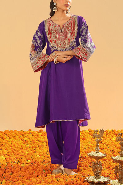 Purple Kashmiri tilla embroidered kurta set