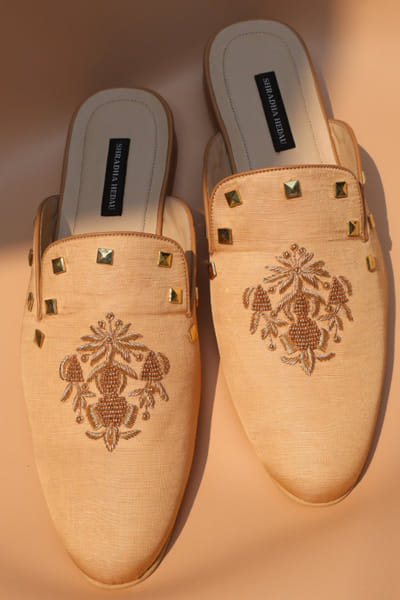 Shradha Hedua Beige thread-stud embellished slip-on mules SHRAJUL26D149150