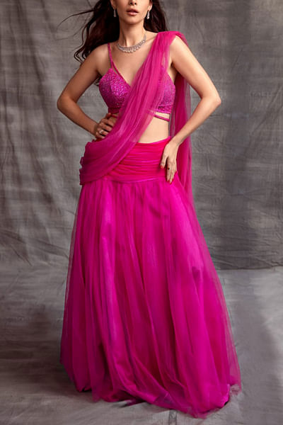 Hot pink lehenga sari set