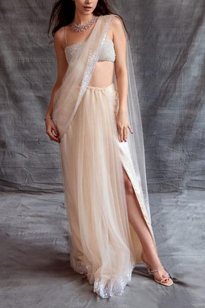 Nude pre-draped embellished sari