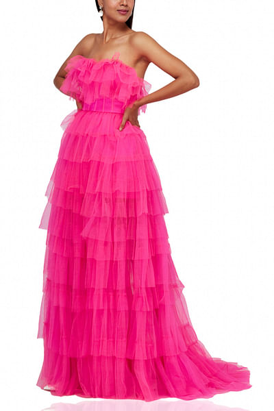 Hot pink ruffle trimmed gown