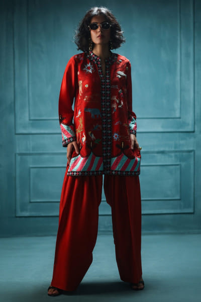 Rust applique work choga jacket set