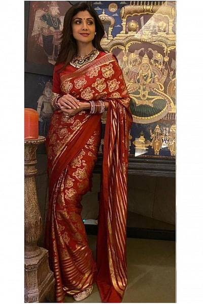 Maroon foil printed sari
