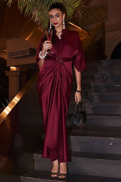Maroon draped gown