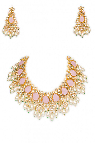 Rose pink stone carved necklace set