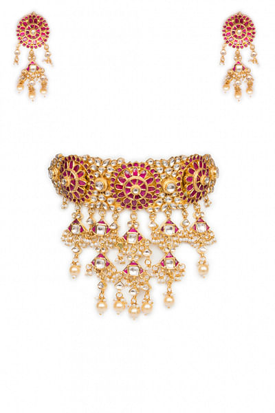Ruby embellished aadh choker necklace set