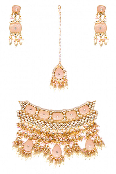Baby pink jadau choker necklace set