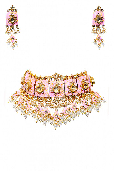 Baby pink meenakari choker necklace set