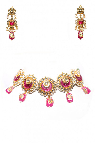 Pink floral choker necklace set