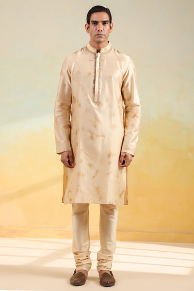 Beige and brown shibori hand-dyed kurta set