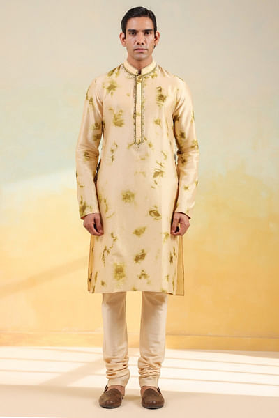 Beige and olive shibori hand-dyed kurta set