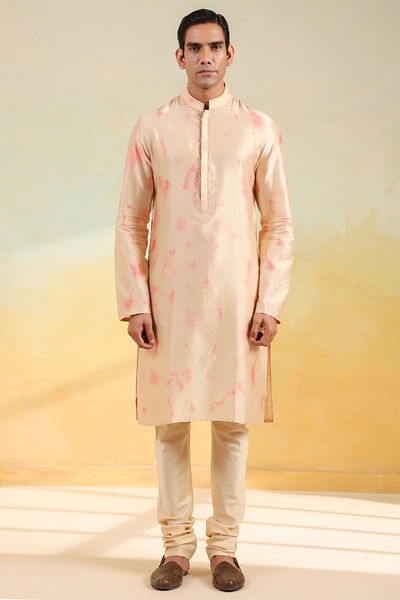 Beige and pink shibori hand-dyed kurta set