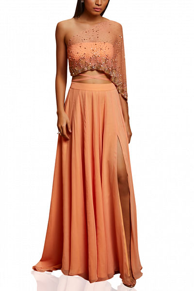 Peach embellished crop top and skirt set.
