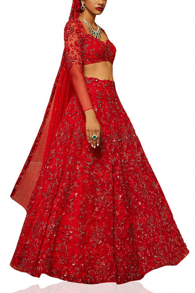 Red embellished lehenga set