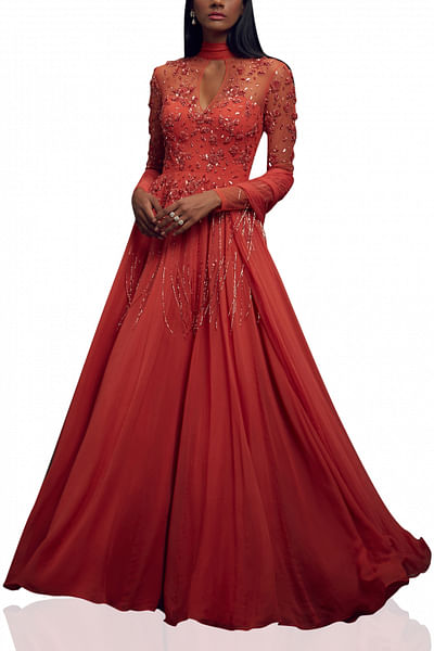 Tomato coral embellished gown