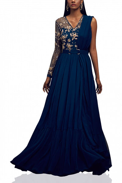 Deep blue embellished gown with pre draped dupatta