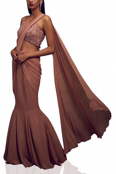 Dusty rose fishtail saree gown