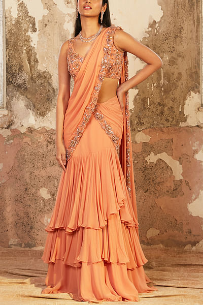 Peach pre-draped sari set