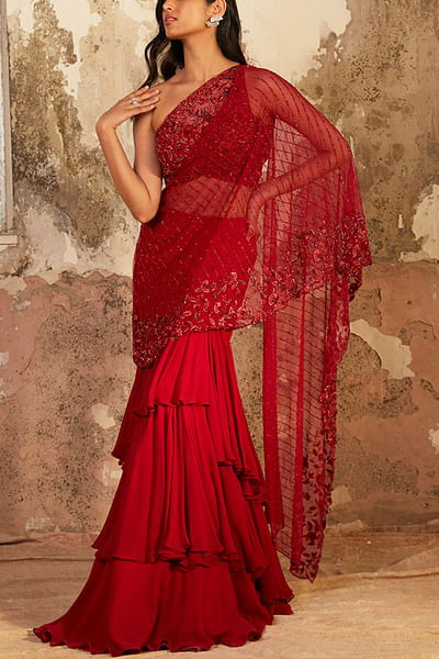Red pre-draped sari set