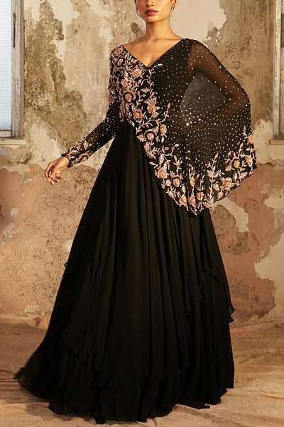 Black embellished cape and gown