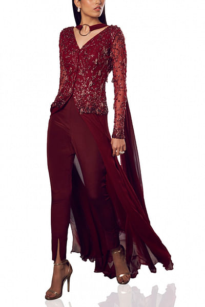 Maroon embellished jacket and pants
