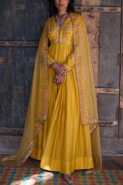 Yellow floral embroidered anarkali set