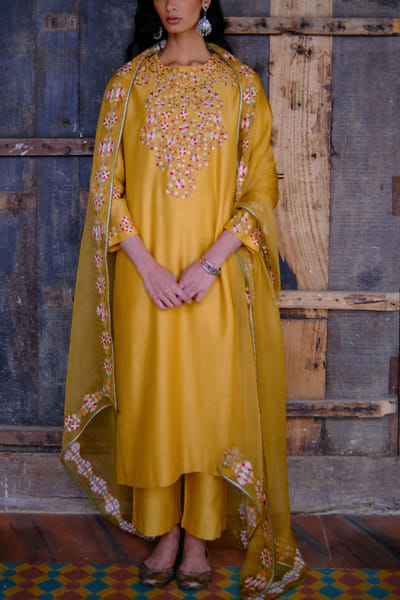 Yellow embroidered kurta set