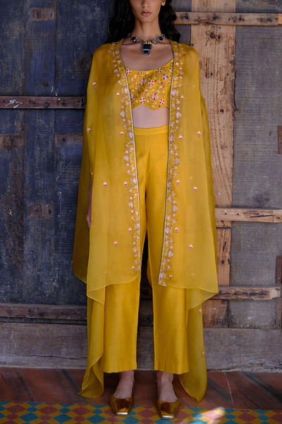 Yellow embroidered cape pants set