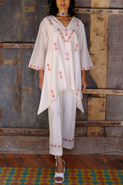 Ivory embroidered tunic pants set