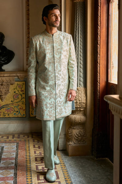 Sage green dori embroidered sherwani set