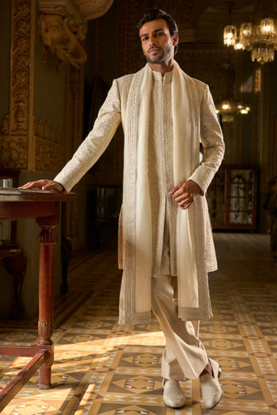 Nude thread embroidered sherwani set