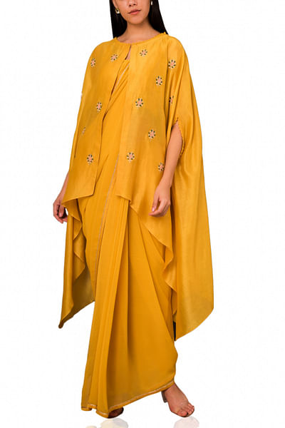 Mustard embroidered sari and cape set