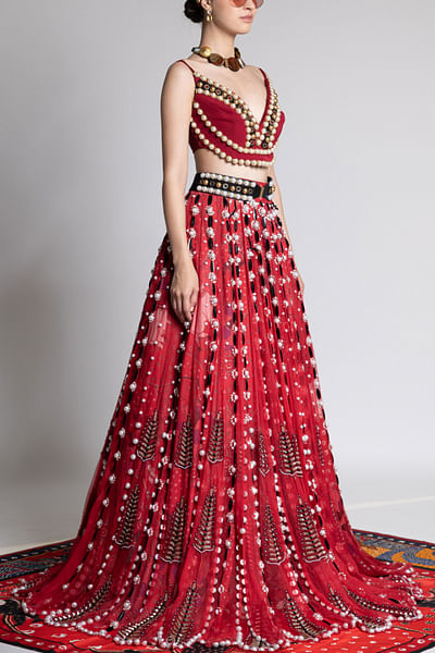 Red Iconorosh pearl embellished lehenga set